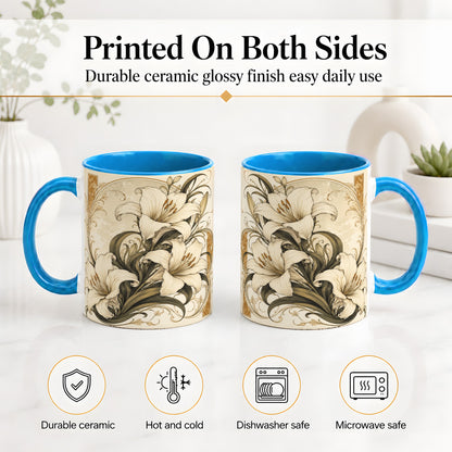 #pl[11oz|Blue] Vintage Lily Ceramic Mug, Art Nouveau Floral Design for Flower Fans