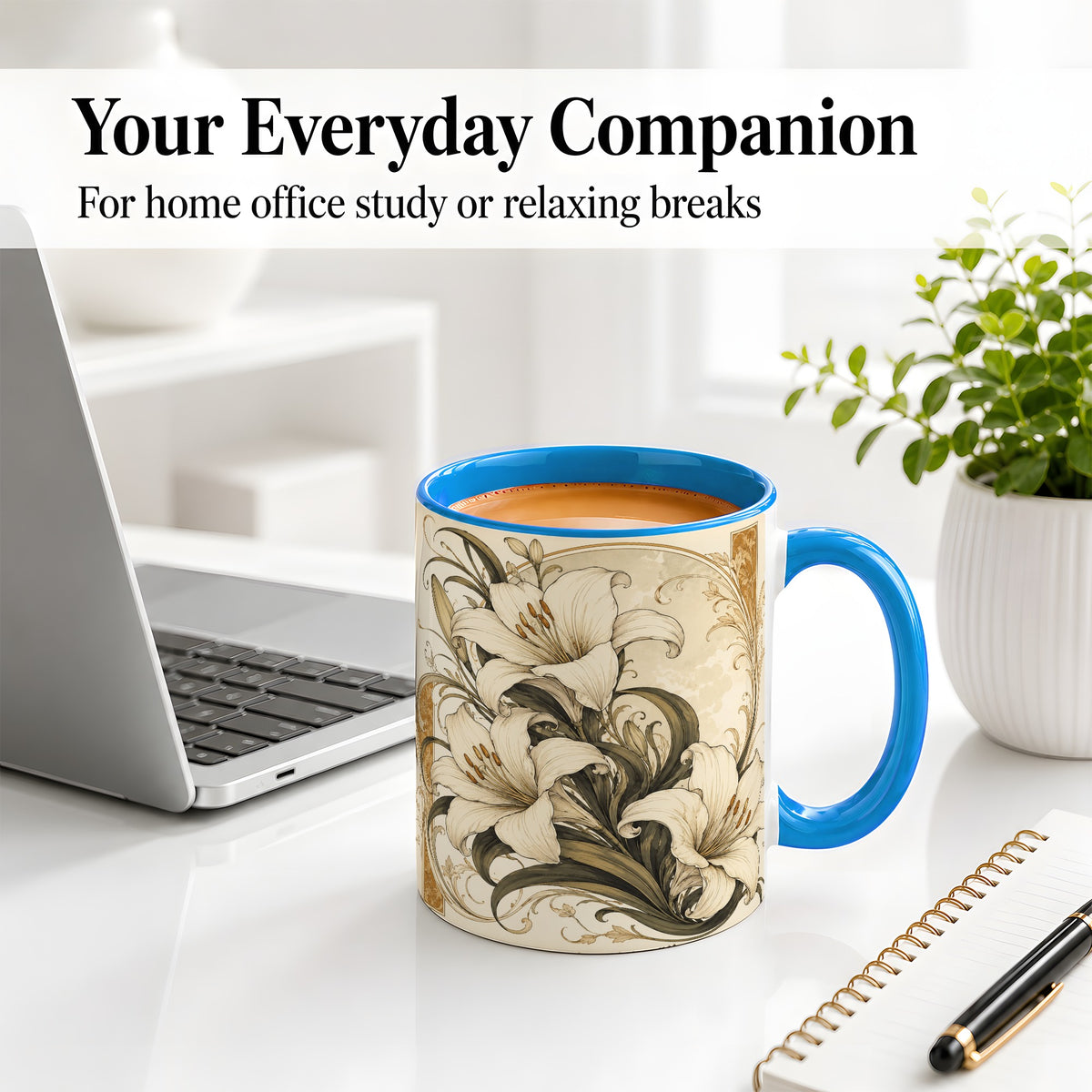 #pl[11oz|Blue] Vintage Lily Ceramic Mug, Art Nouveau Floral Design for Flower Fans