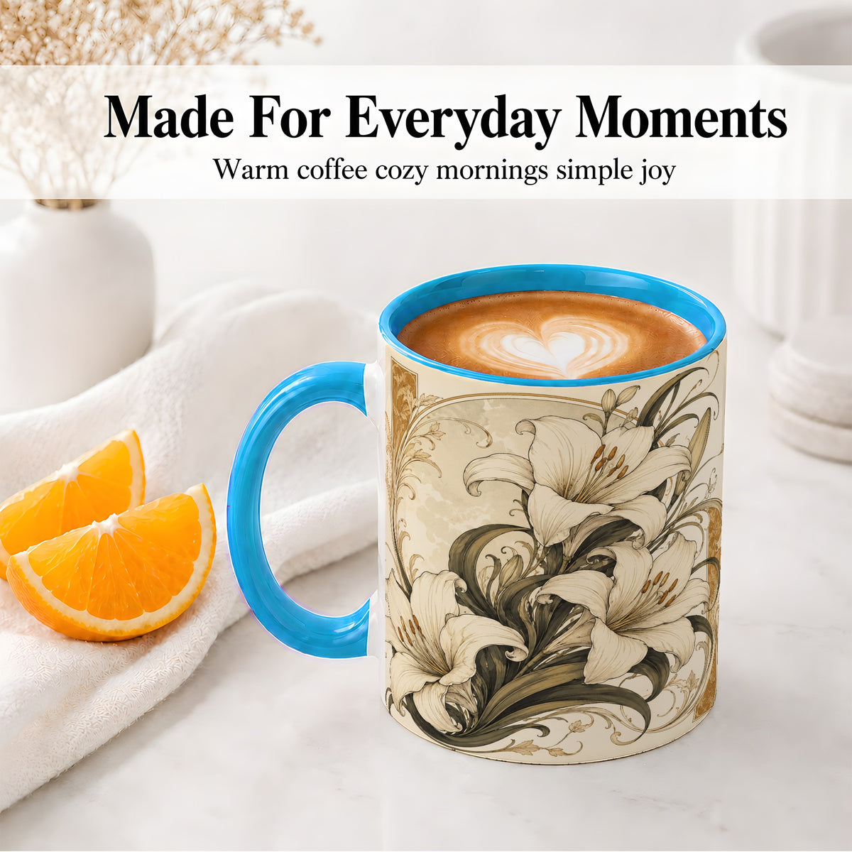 #pl[11oz|Blue] Vintage Lily Ceramic Mug, Art Nouveau Floral Design for Flower Fans