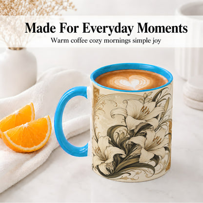#pl[11oz|Blue] Vintage Lily Ceramic Mug, Art Nouveau Floral Design for Flower Fans