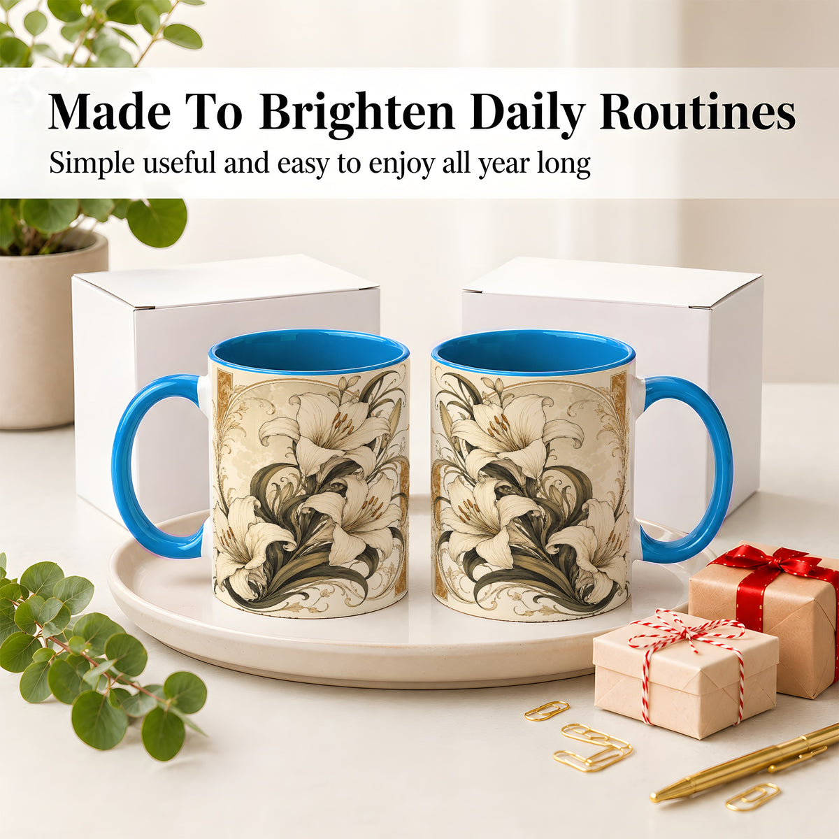 #pl[11oz|Blue] Vintage Lily Ceramic Mug, Art Nouveau Floral Design for Flower Fans