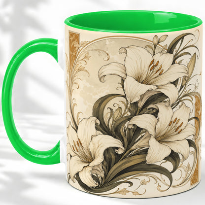 #pl[11oz|Green] Vintage Lily Ceramic Mug, Art Nouveau Floral Design for Flower Fans