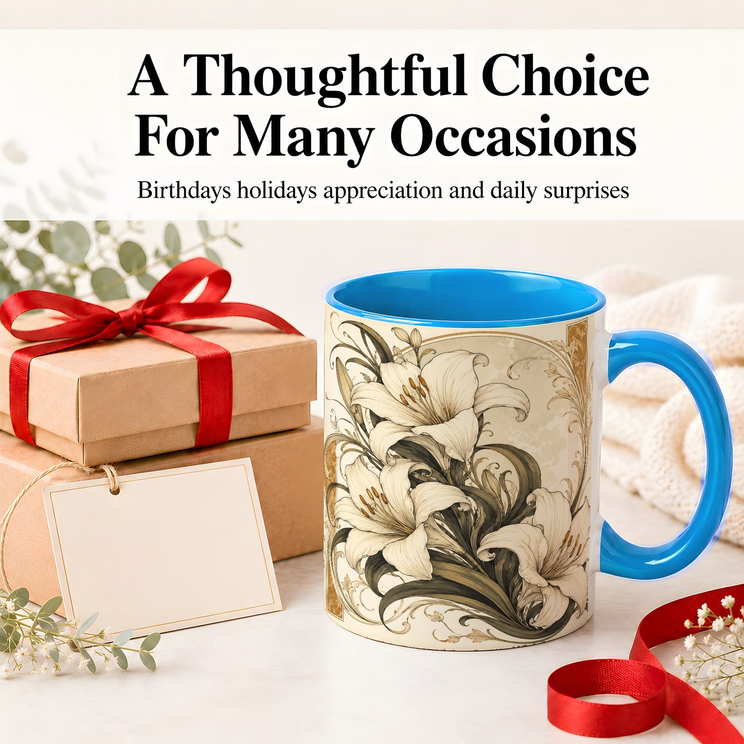 #pl[11oz|Blue] Vintage Lily Ceramic Mug, Art Nouveau Floral Design for Flower Fans