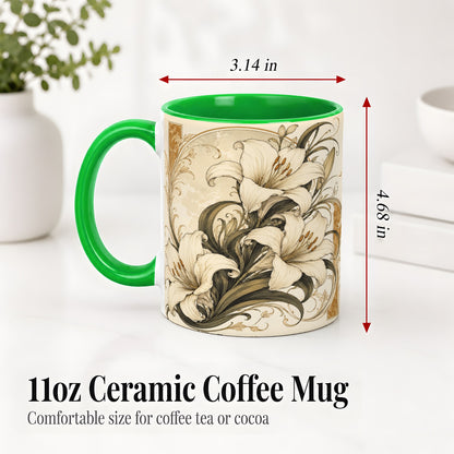 #pl[11oz|Green] Vintage Lily Ceramic Mug, Art Nouveau Floral Design for Flower Fans
