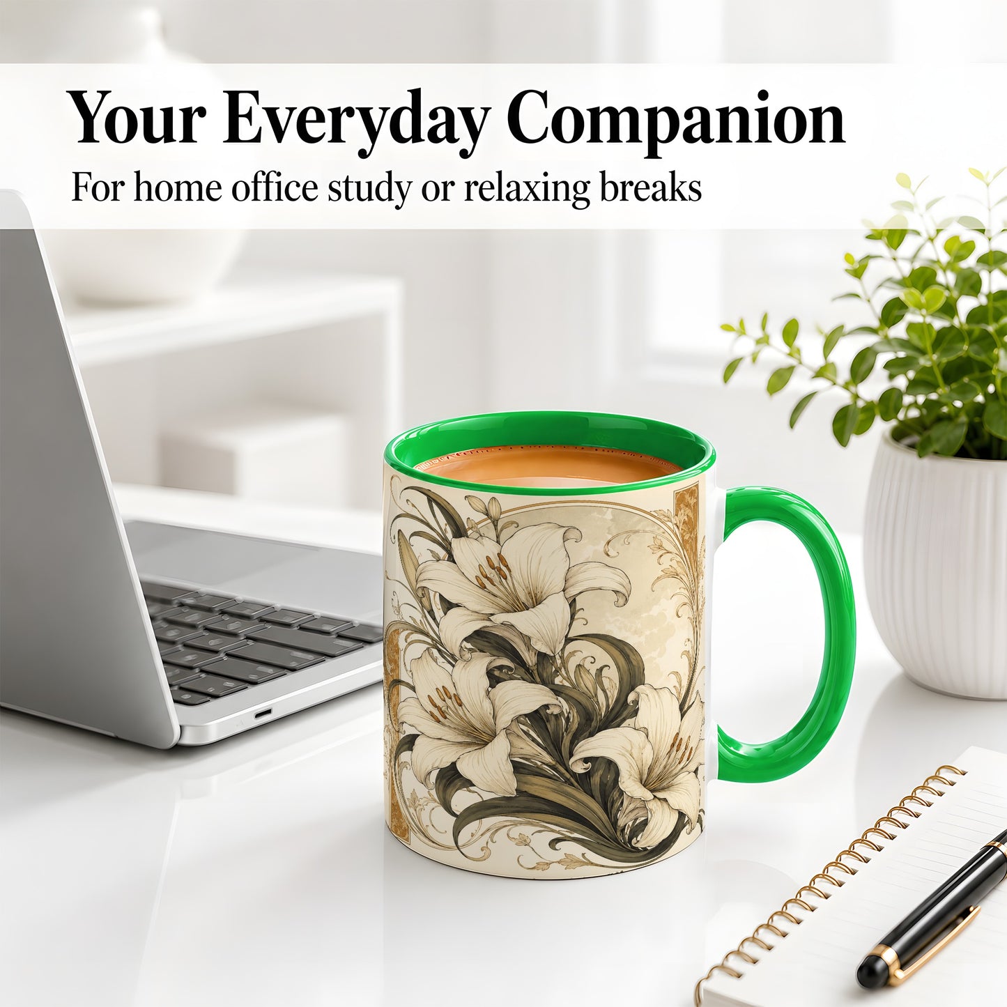 #pl[11oz|Green] Vintage Lily Ceramic Mug, Art Nouveau Floral Design for Flower Fans