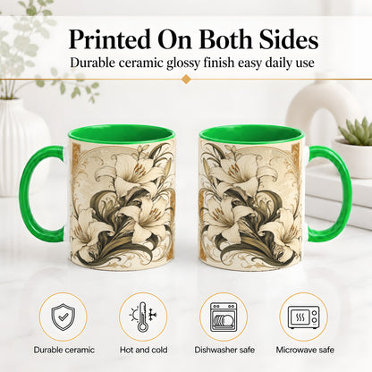 #pl[11oz|Green] Vintage Lily Ceramic Mug, Art Nouveau Floral Design for Flower Fans