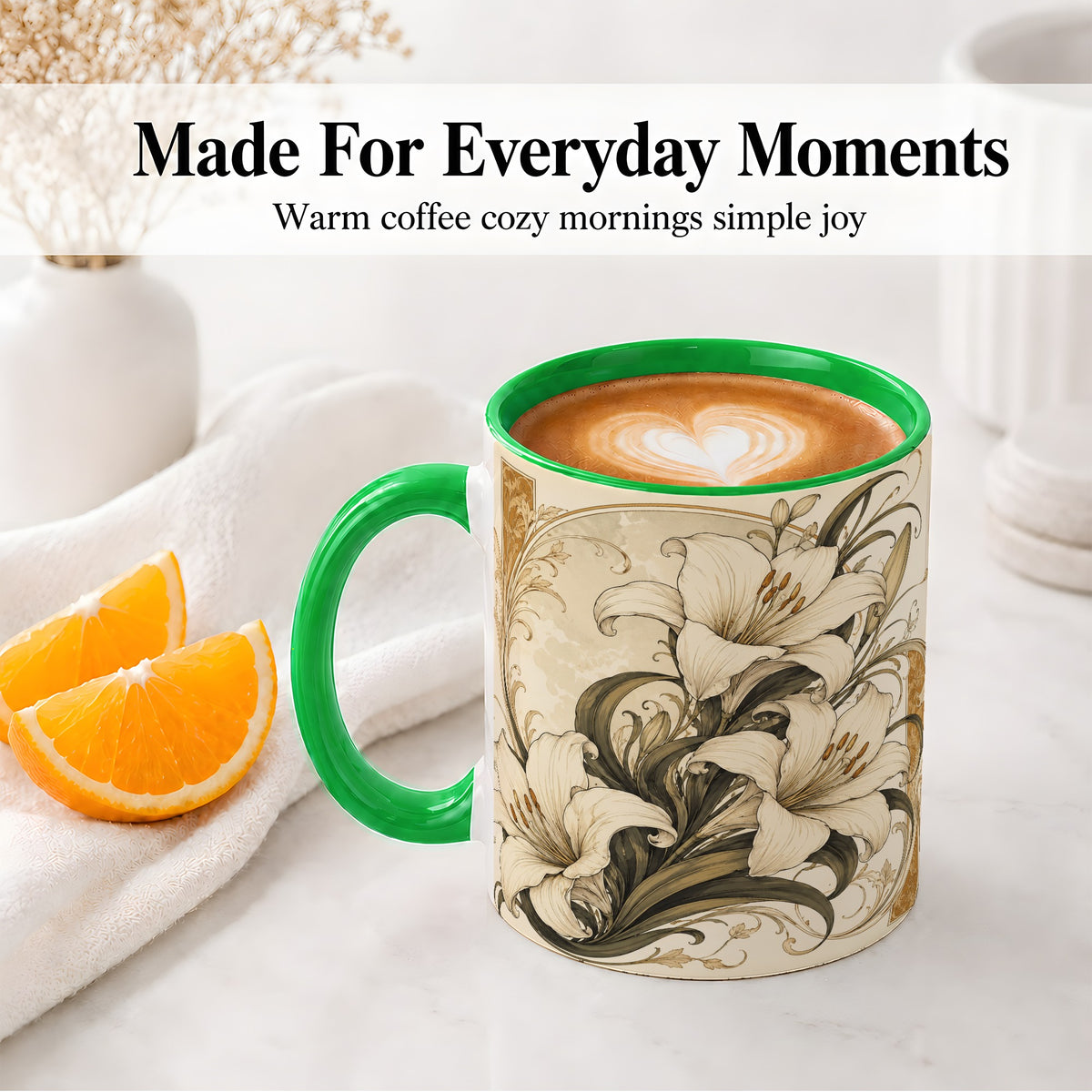 #pl[11oz|Green] Vintage Lily Ceramic Mug, Art Nouveau Floral Design for Flower Fans