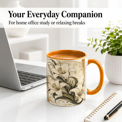 #pl[11oz|Orange] Vintage Lily Ceramic Mug, Art Nouveau Floral Design for Flower Fans