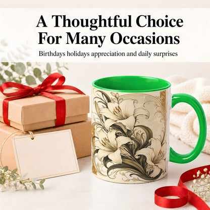 #pl[11oz|Green] Vintage Lily Ceramic Mug, Art Nouveau Floral Design for Flower Fans
