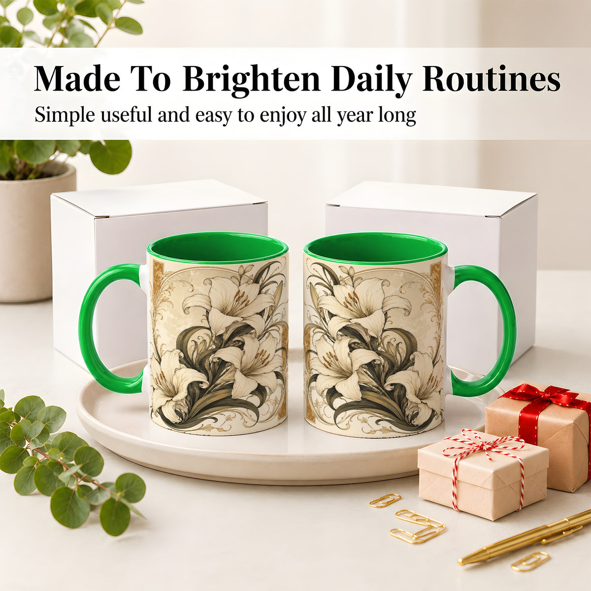#pl[11oz|Green] Vintage Lily Ceramic Mug, Art Nouveau Floral Design for Flower Fans