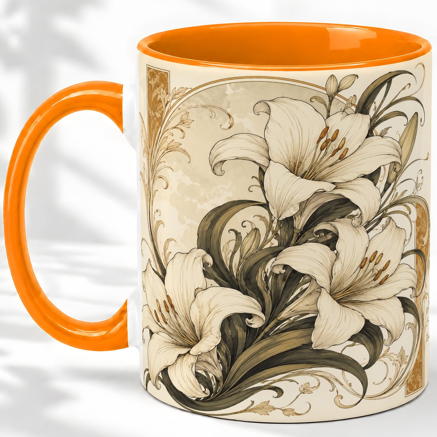 #pl[11oz|Orange] Vintage Lily Ceramic Mug, Art Nouveau Floral Design for Flower Fans