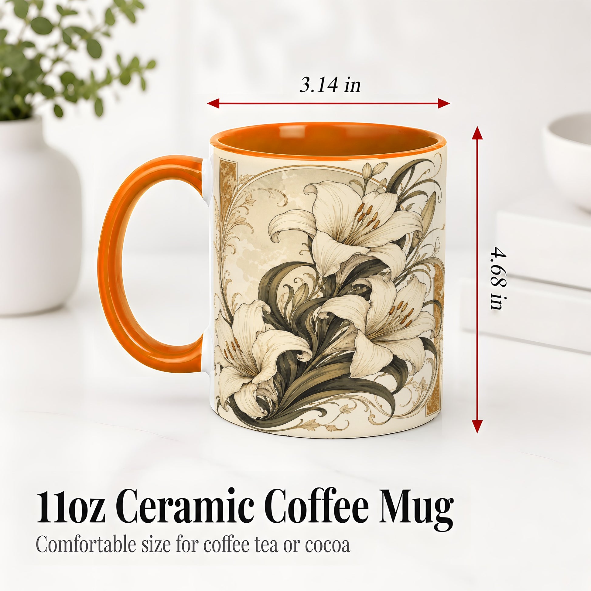 #pl[11oz|Orange] Vintage Lily Ceramic Mug, Art Nouveau Floral Design for Flower Fans