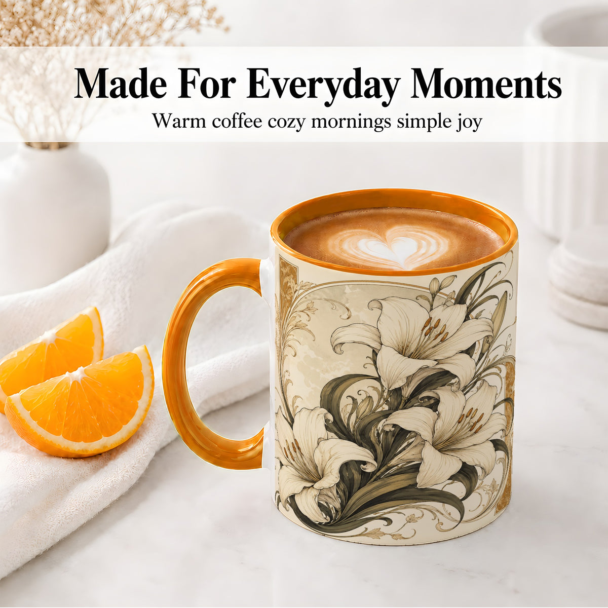 #pl[11oz|Orange] Vintage Lily Ceramic Mug, Art Nouveau Floral Design for Flower Fans