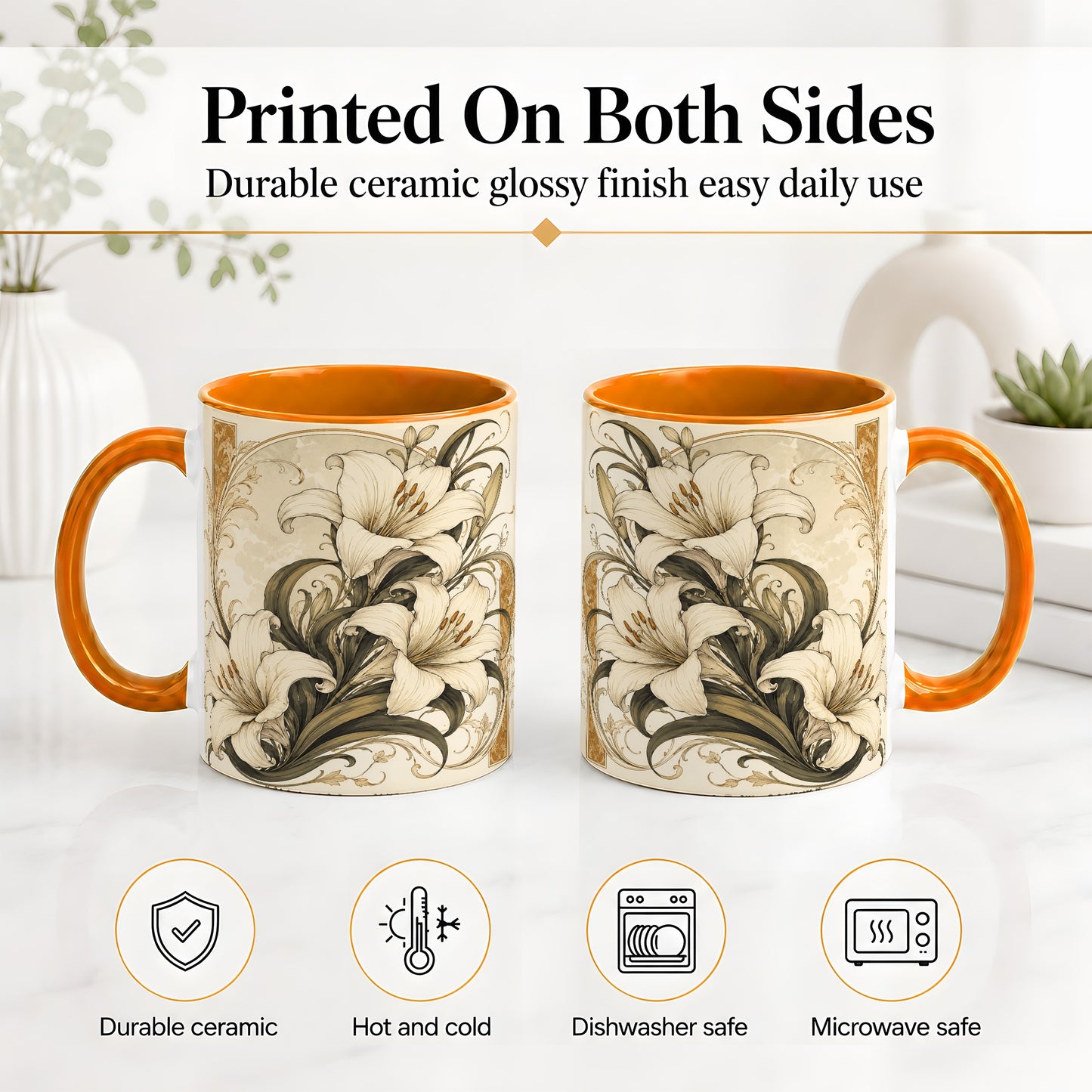 #pl[11oz|Orange] Vintage Lily Ceramic Mug, Art Nouveau Floral Design for Flower Fans