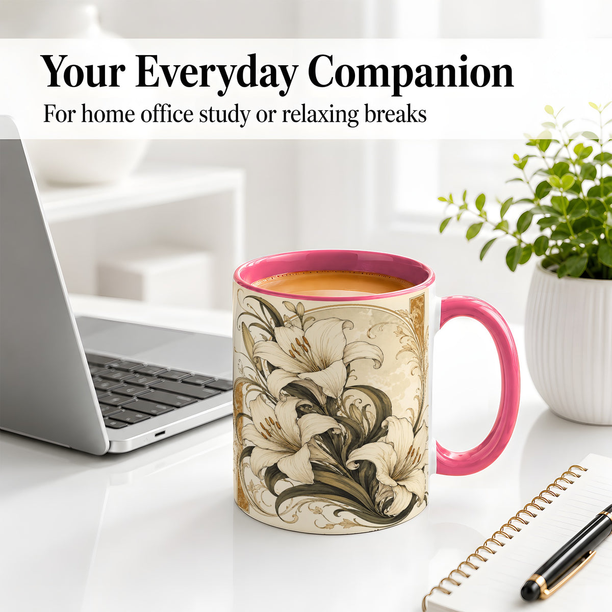 #pl[11oz|Pink] Vintage Lily Ceramic Mug, Art Nouveau Floral Design for Flower Fans