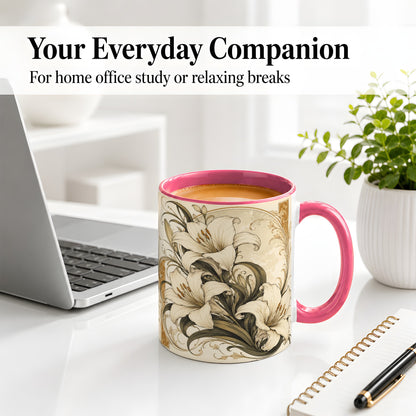 #pl[11oz|Pink] Vintage Lily Ceramic Mug, Art Nouveau Floral Design for Flower Fans
