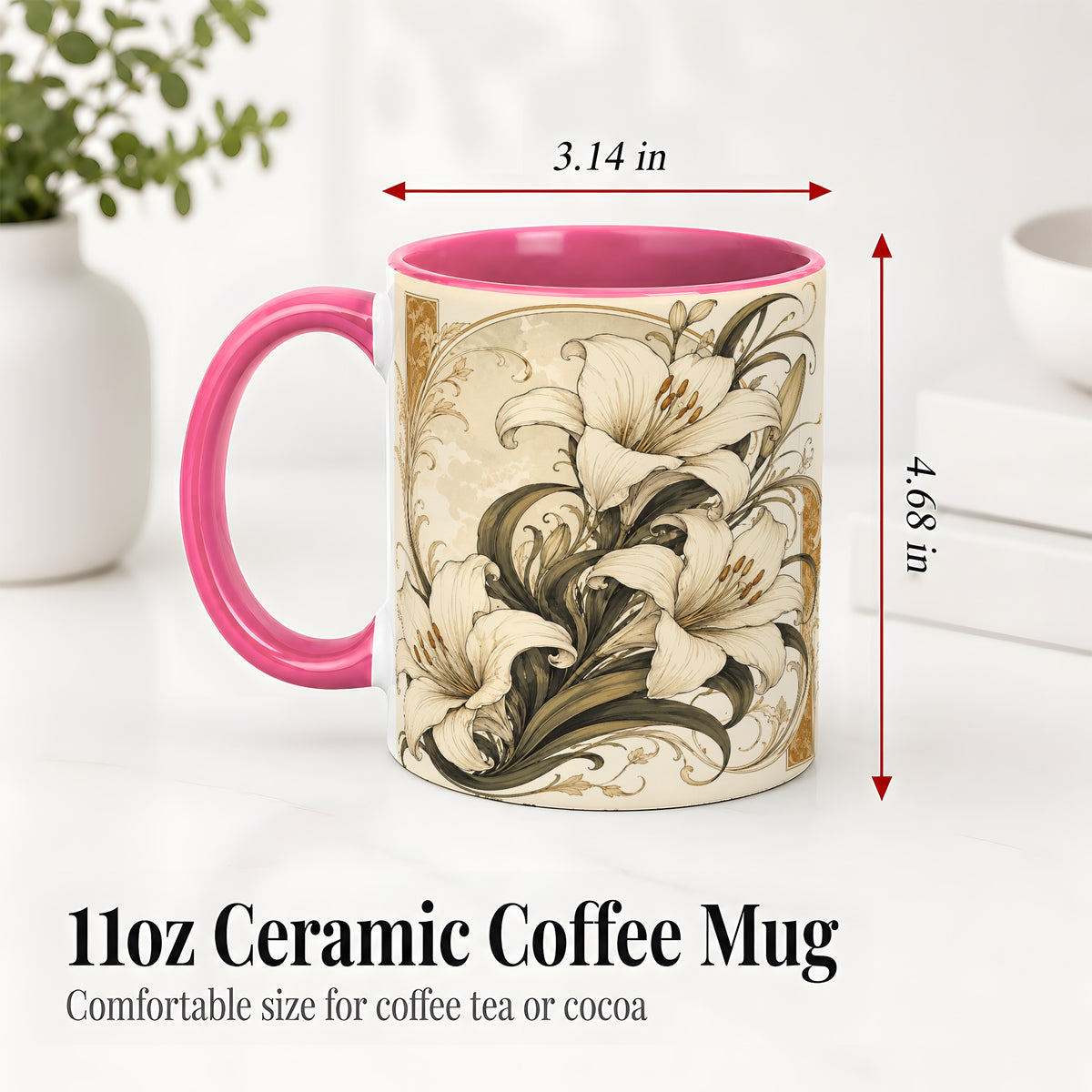 #pl[11oz|Pink] Vintage Lily Ceramic Mug, Art Nouveau Floral Design for Flower Fans