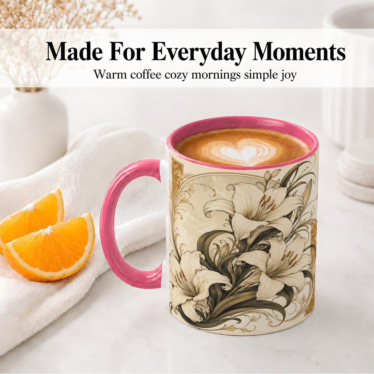 #pl[11oz|Pink] Vintage Lily Ceramic Mug, Art Nouveau Floral Design for Flower Fans