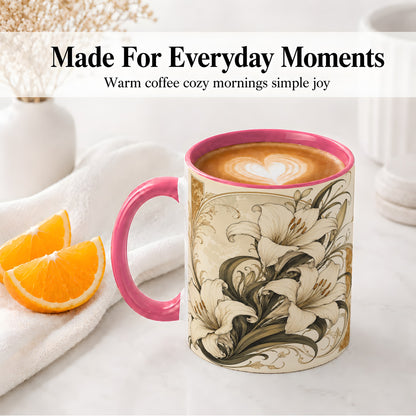 #pl[11oz|Pink] Vintage Lily Ceramic Mug, Art Nouveau Floral Design for Flower Fans