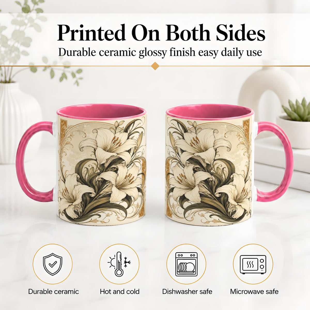 #pl[11oz|Pink] Vintage Lily Ceramic Mug, Art Nouveau Floral Design for Flower Fans