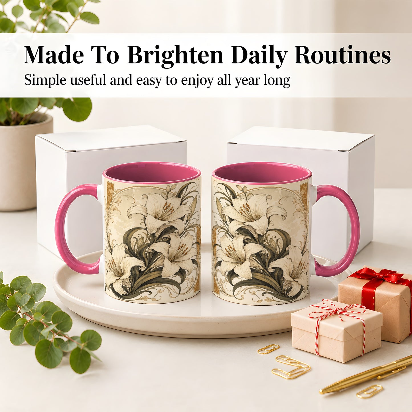 #pl[11oz|Pink] Vintage Lily Ceramic Mug, Art Nouveau Floral Design for Flower Fans