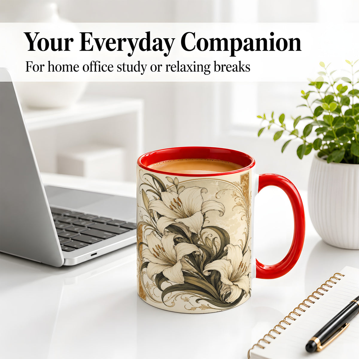 #pl[11oz|Red] Vintage Lily Ceramic Mug, Art Nouveau Floral Design for Flower Fans
