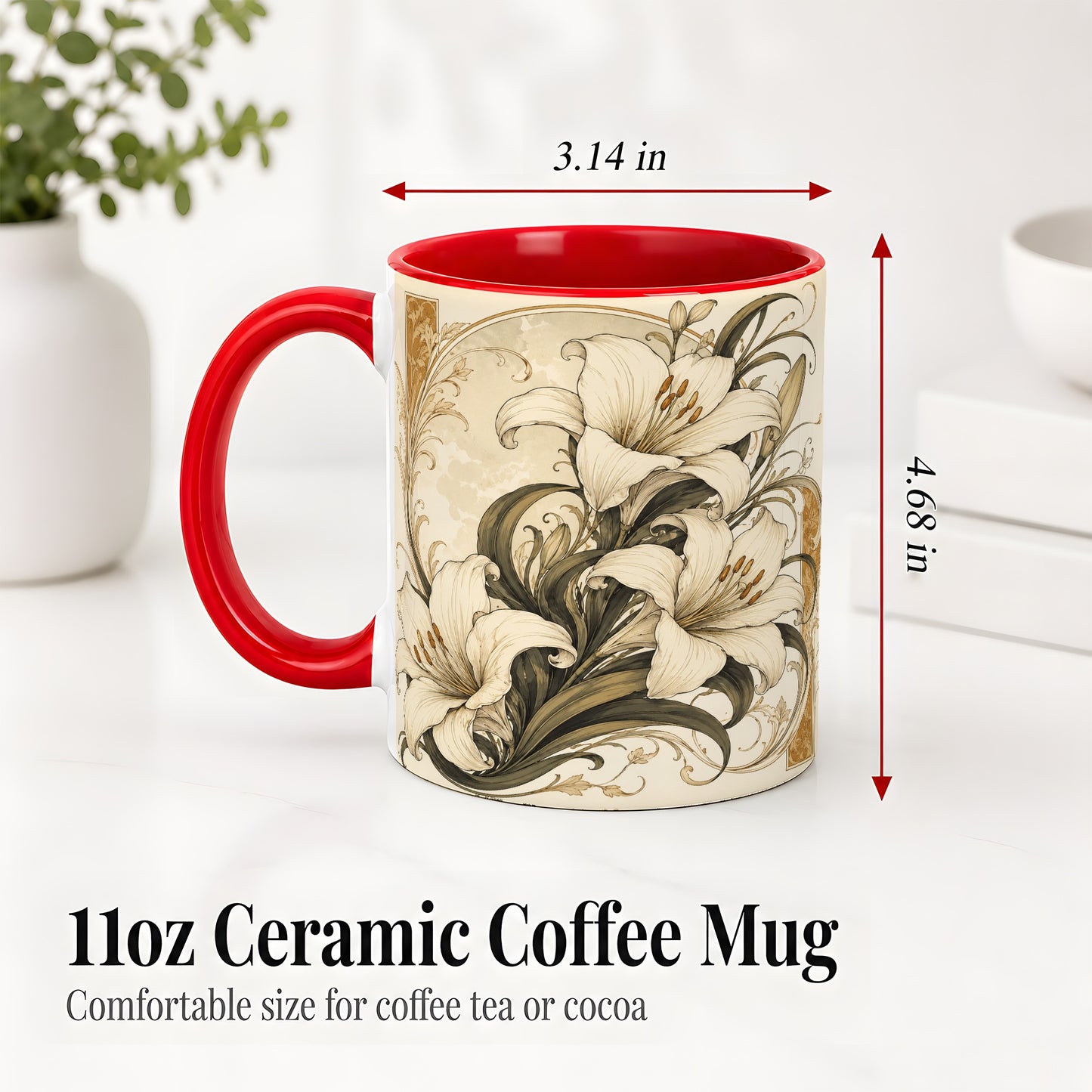 #pl[11oz|Red] Vintage Lily Ceramic Mug, Art Nouveau Floral Design for Flower Fans