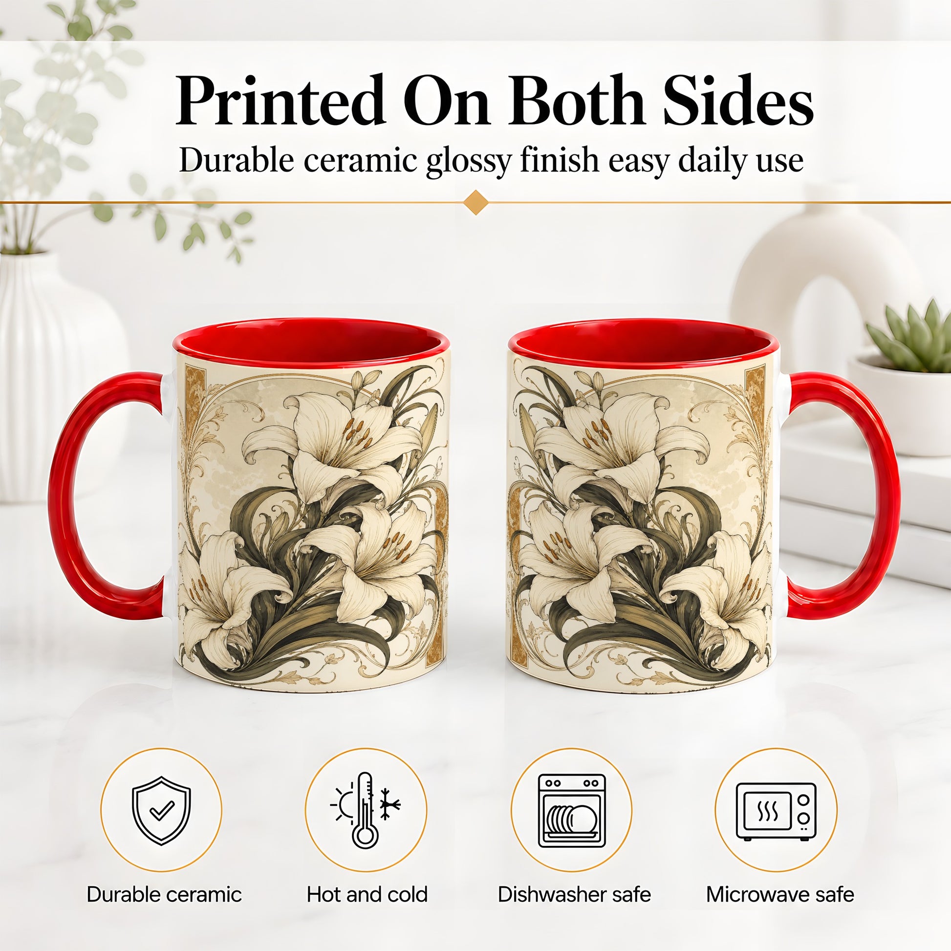 #pl[11oz|Red] Vintage Lily Ceramic Mug, Art Nouveau Floral Design for Flower Fans