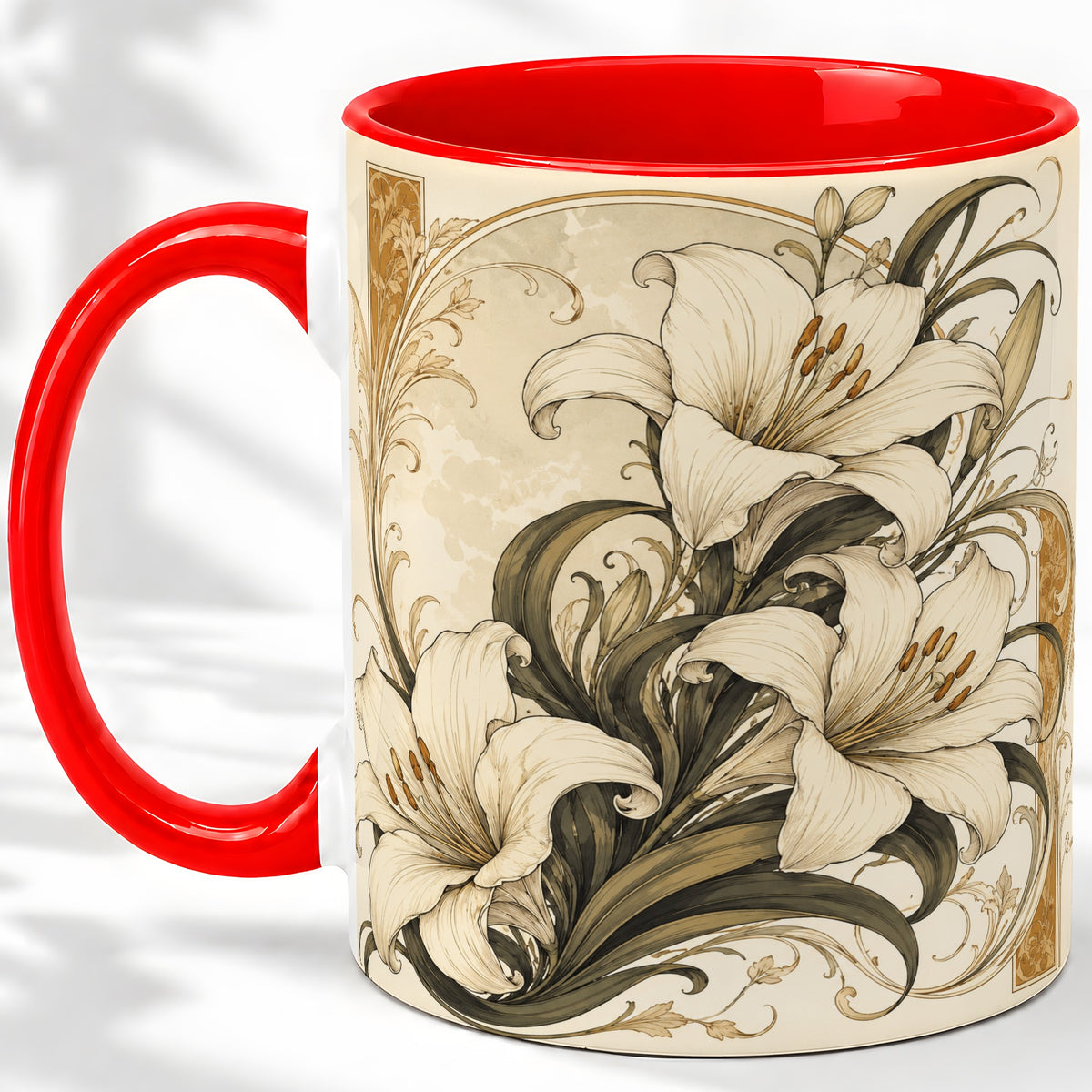 Vintage Lily Ceramic Mug, Art Nouveau Floral Design for Flower Fans