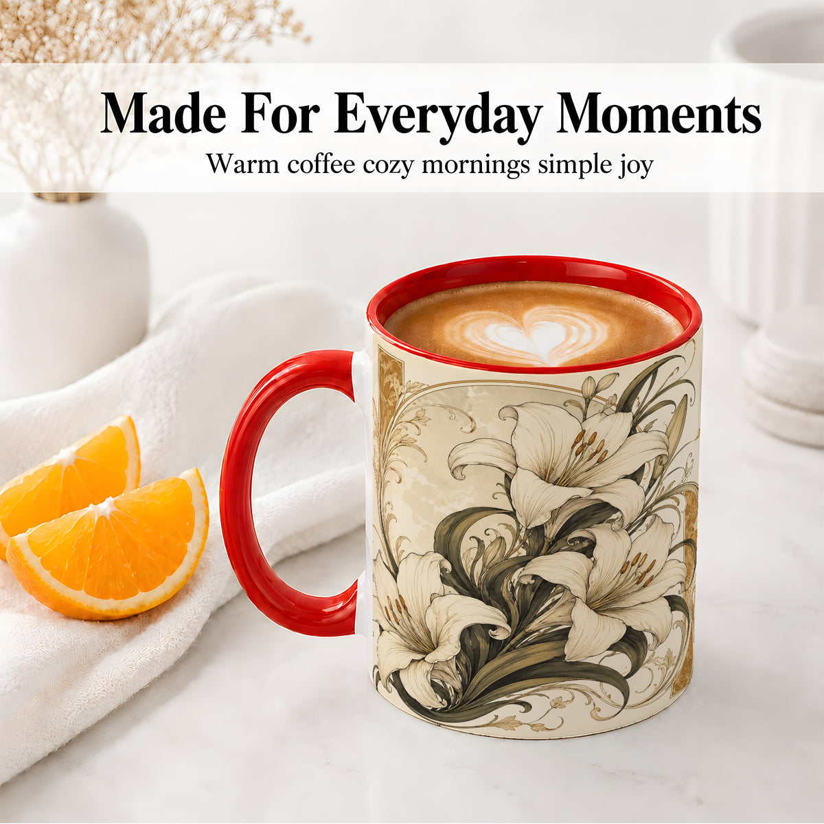 #pl[11oz|Red] Vintage Lily Ceramic Mug, Art Nouveau Floral Design for Flower Fans