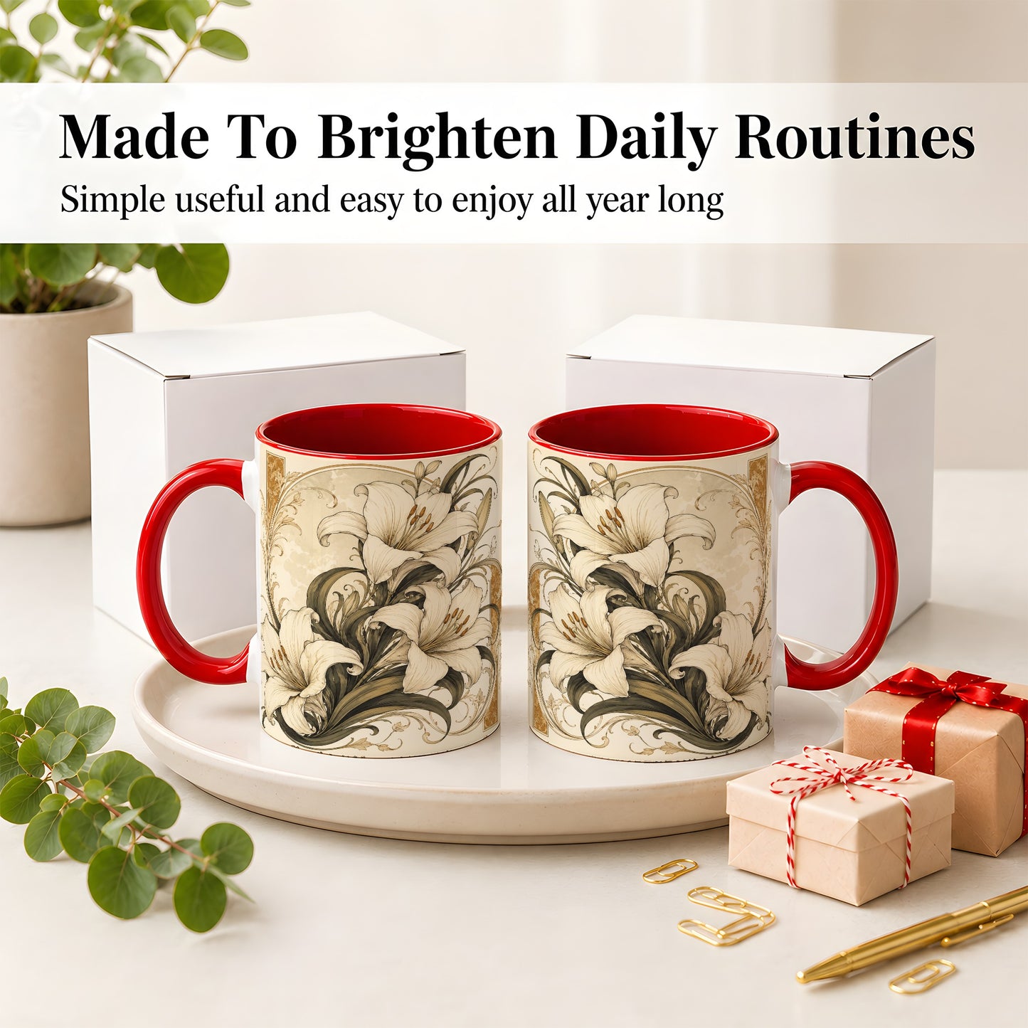 #pl[11oz|Red] Vintage Lily Ceramic Mug, Art Nouveau Floral Design for Flower Fans