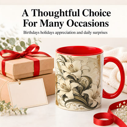 #pl[11oz|Red] Vintage Lily Ceramic Mug, Art Nouveau Floral Design for Flower Fans