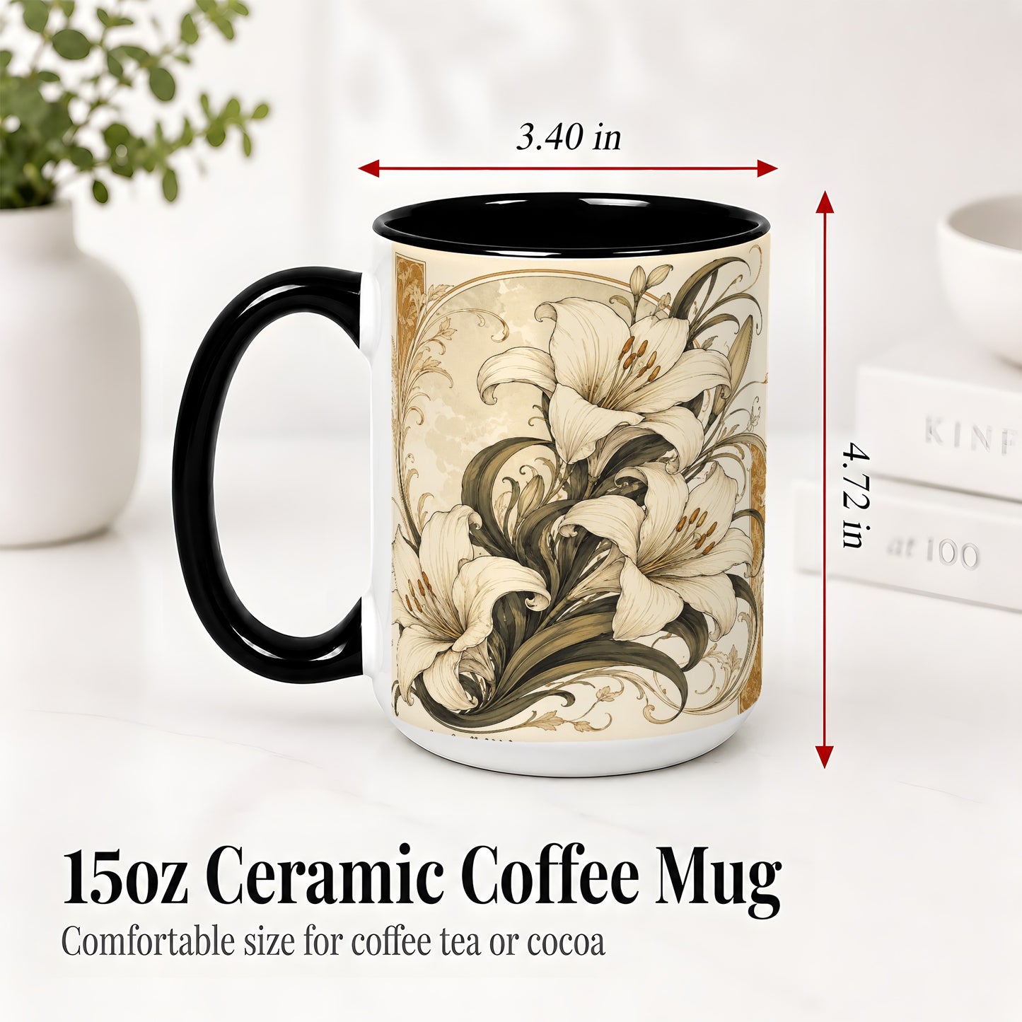 #pl[15oz|Black] Vintage Lily Ceramic Mug, Art Nouveau Floral Design for Flower Fans