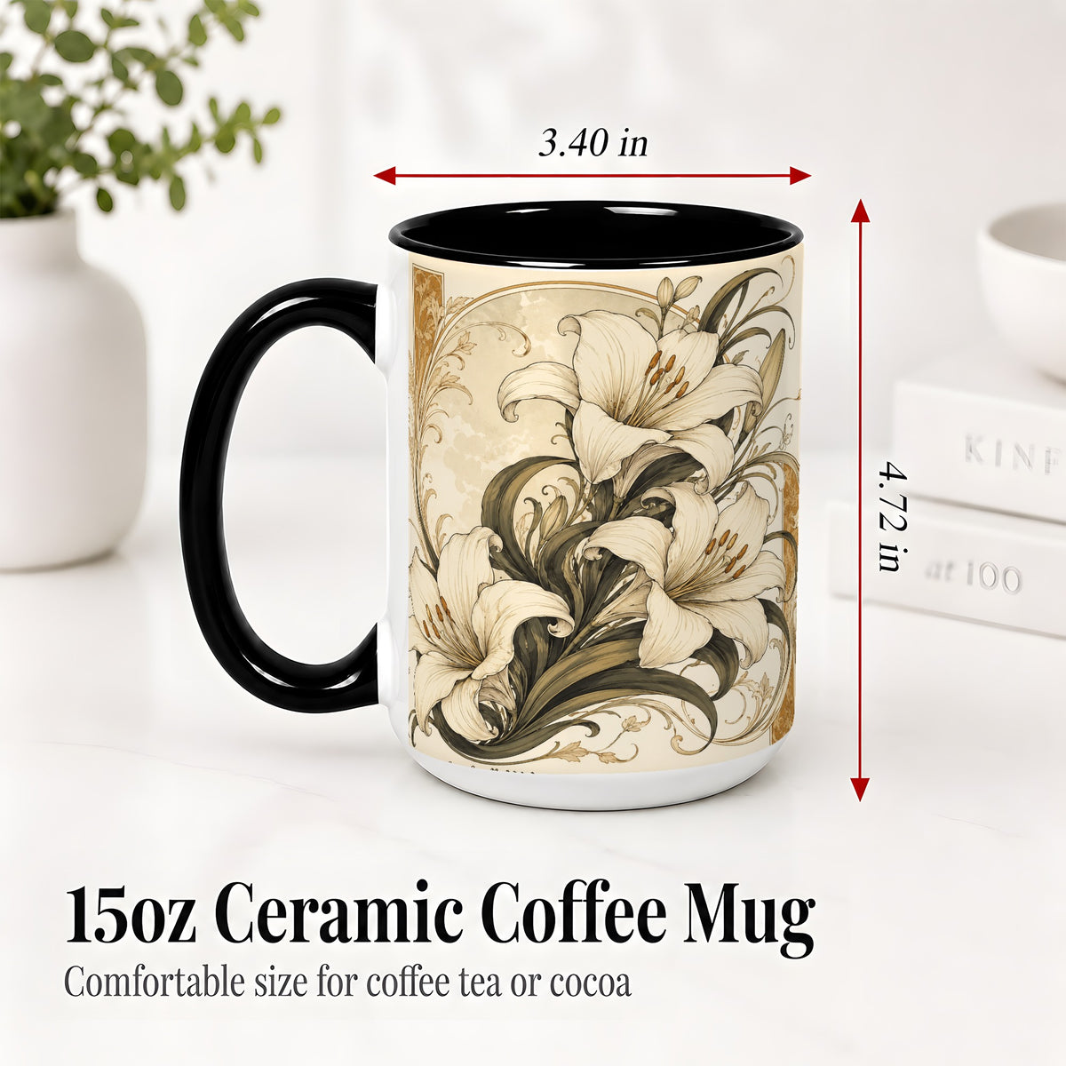 #pl[15oz|Black] Vintage Lily Ceramic Mug, Art Nouveau Floral Design for Flower Fans