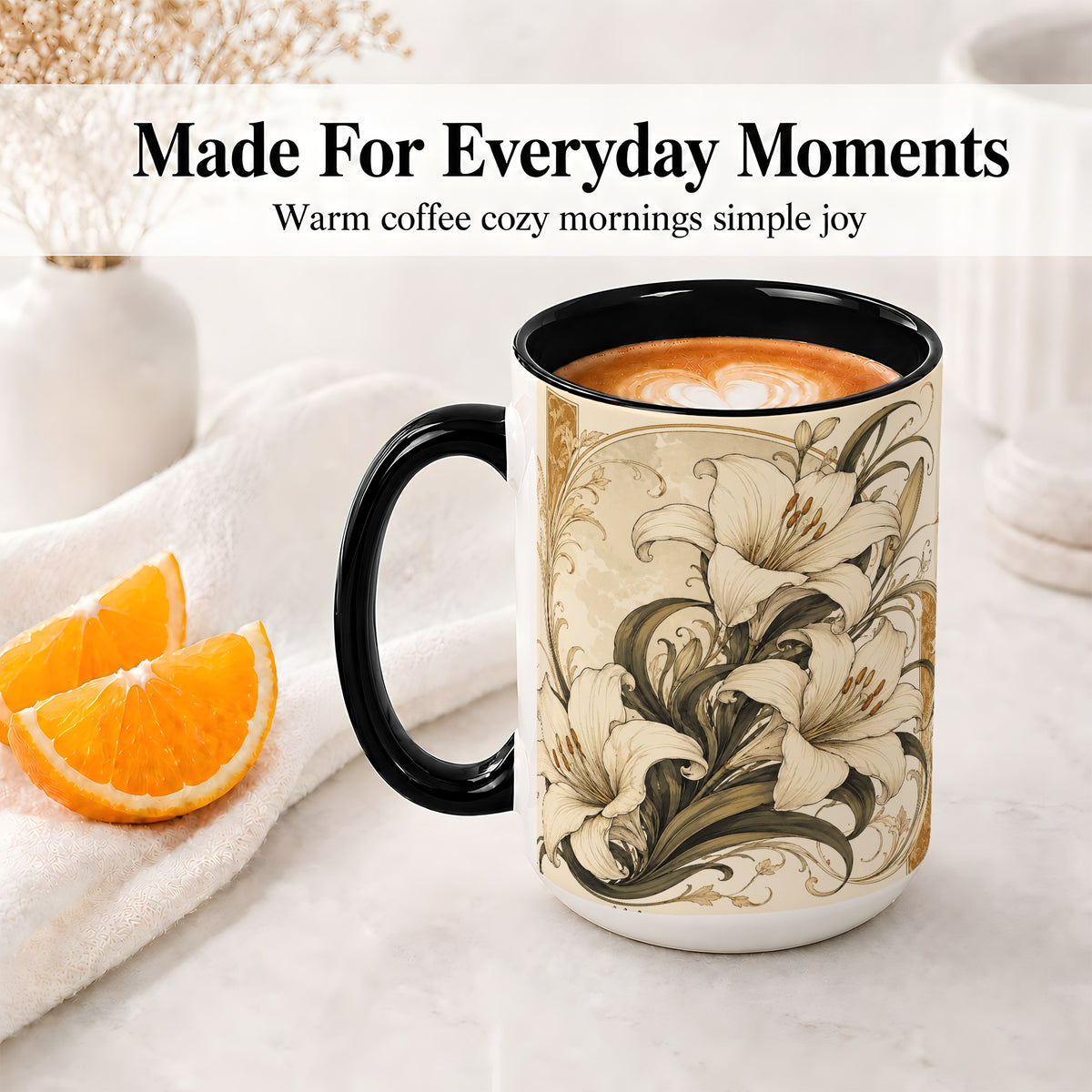 #pl[15oz|Black] Vintage Lily Ceramic Mug, Art Nouveau Floral Design for Flower Fans