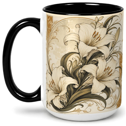 #pl[15oz|Black] Vintage Lily Ceramic Mug, Art Nouveau Floral Design for Flower Fans