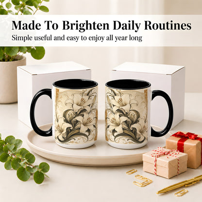 #pl[15oz|Black] Vintage Lily Ceramic Mug, Art Nouveau Floral Design for Flower Fans