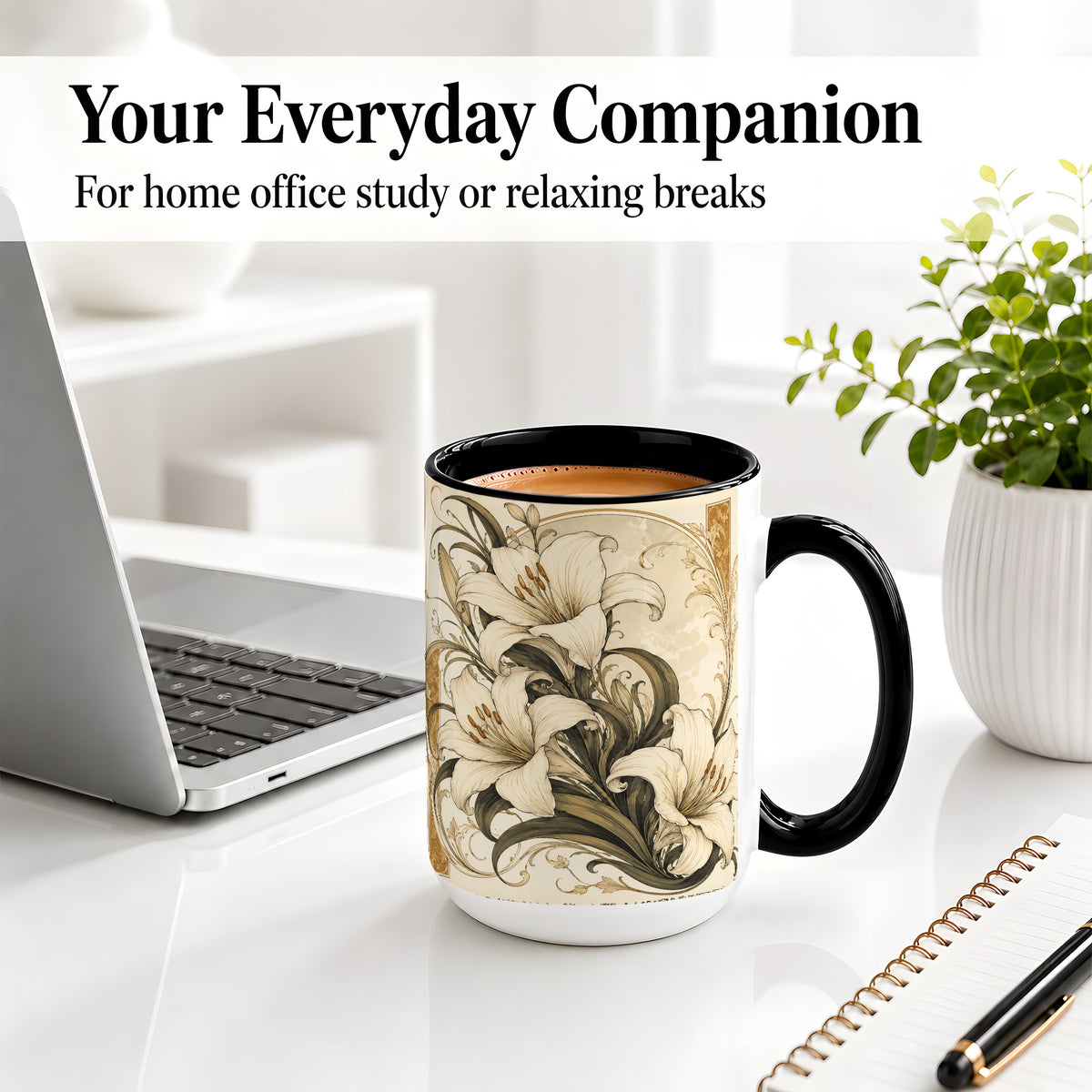 #pl[15oz|Black] Vintage Lily Ceramic Mug, Art Nouveau Floral Design for Flower Fans