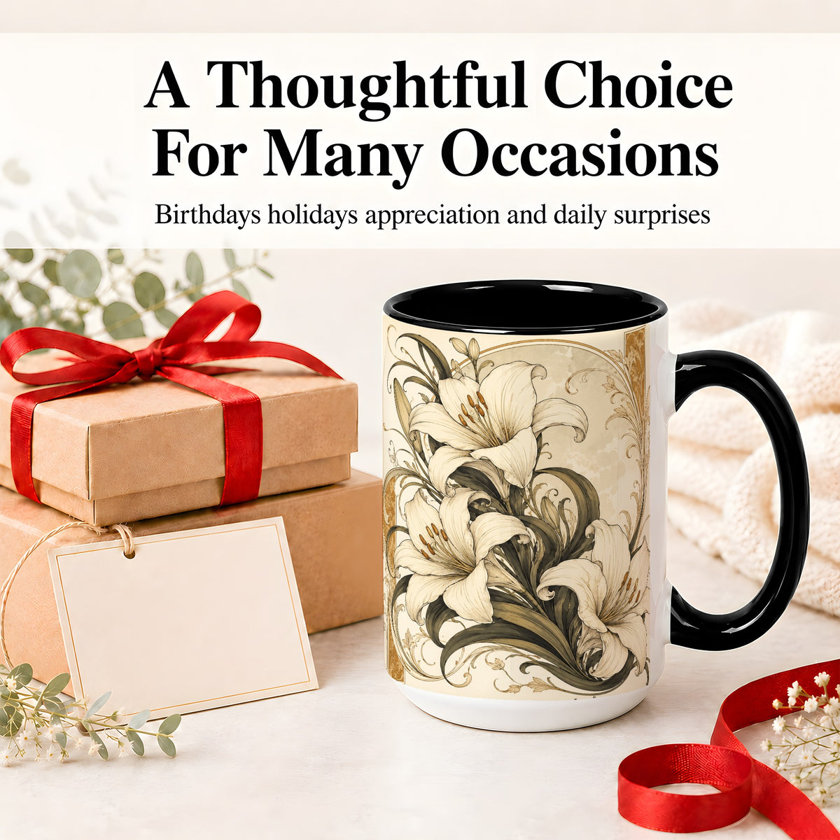 #pl[15oz|Black] Vintage Lily Ceramic Mug, Art Nouveau Floral Design for Flower Fans