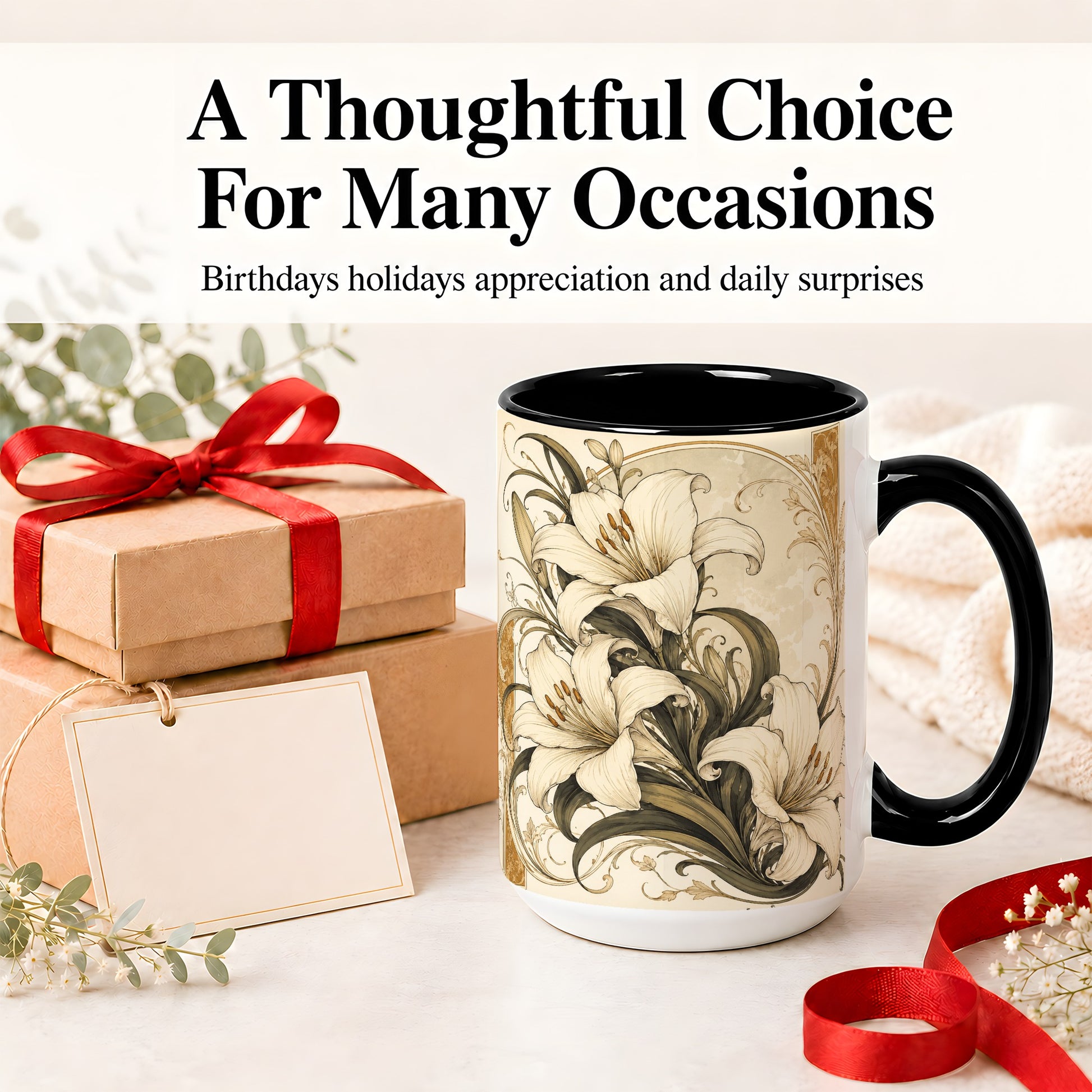#pl[15oz|Black] Vintage Lily Ceramic Mug, Art Nouveau Floral Design for Flower Fans