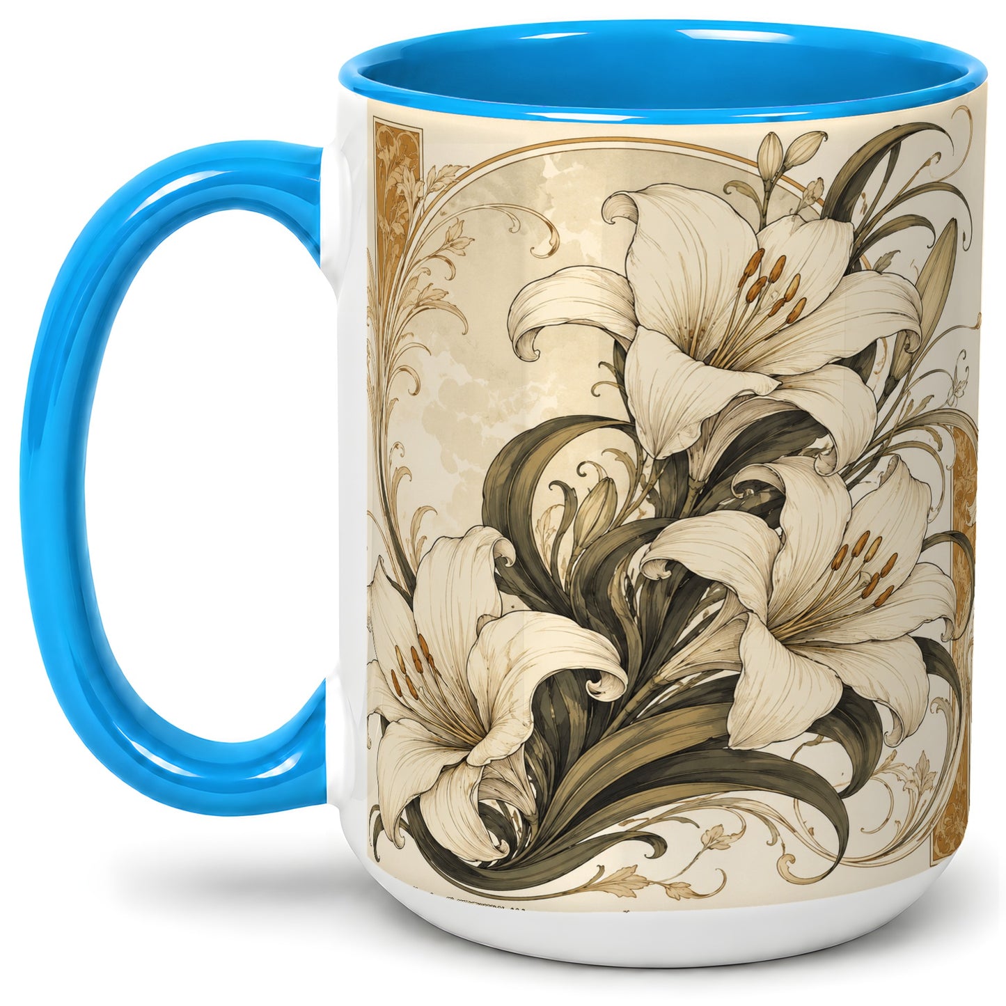 #pl[15oz|Blue] Vintage Lily Ceramic Mug, Art Nouveau Floral Design for Flower Fans