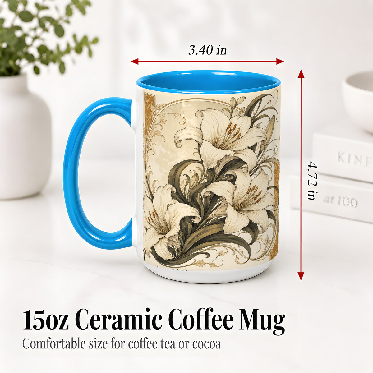 #pl[15oz|Blue] Vintage Lily Ceramic Mug, Art Nouveau Floral Design for Flower Fans