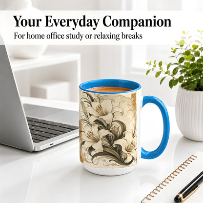 #pl[15oz|Blue] Vintage Lily Ceramic Mug, Art Nouveau Floral Design for Flower Fans