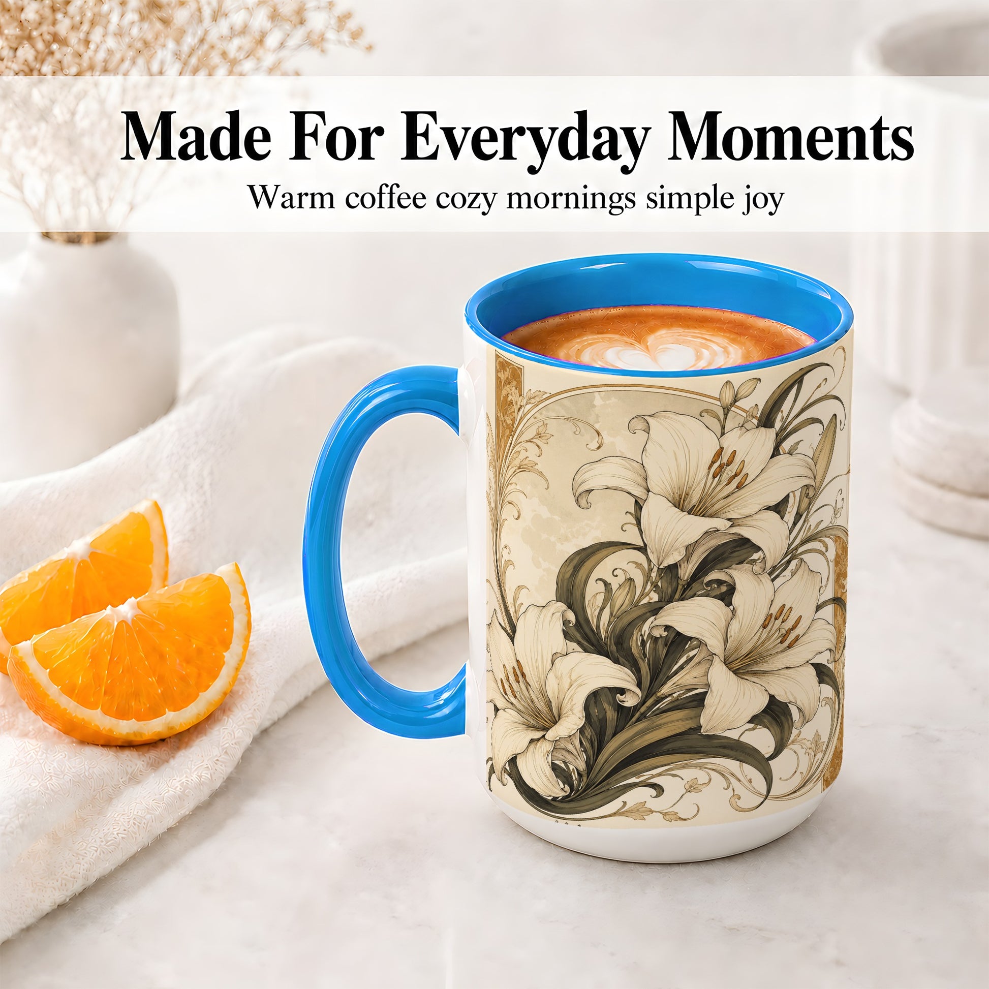 #pl[15oz|Blue] Vintage Lily Ceramic Mug, Art Nouveau Floral Design for Flower Fans
