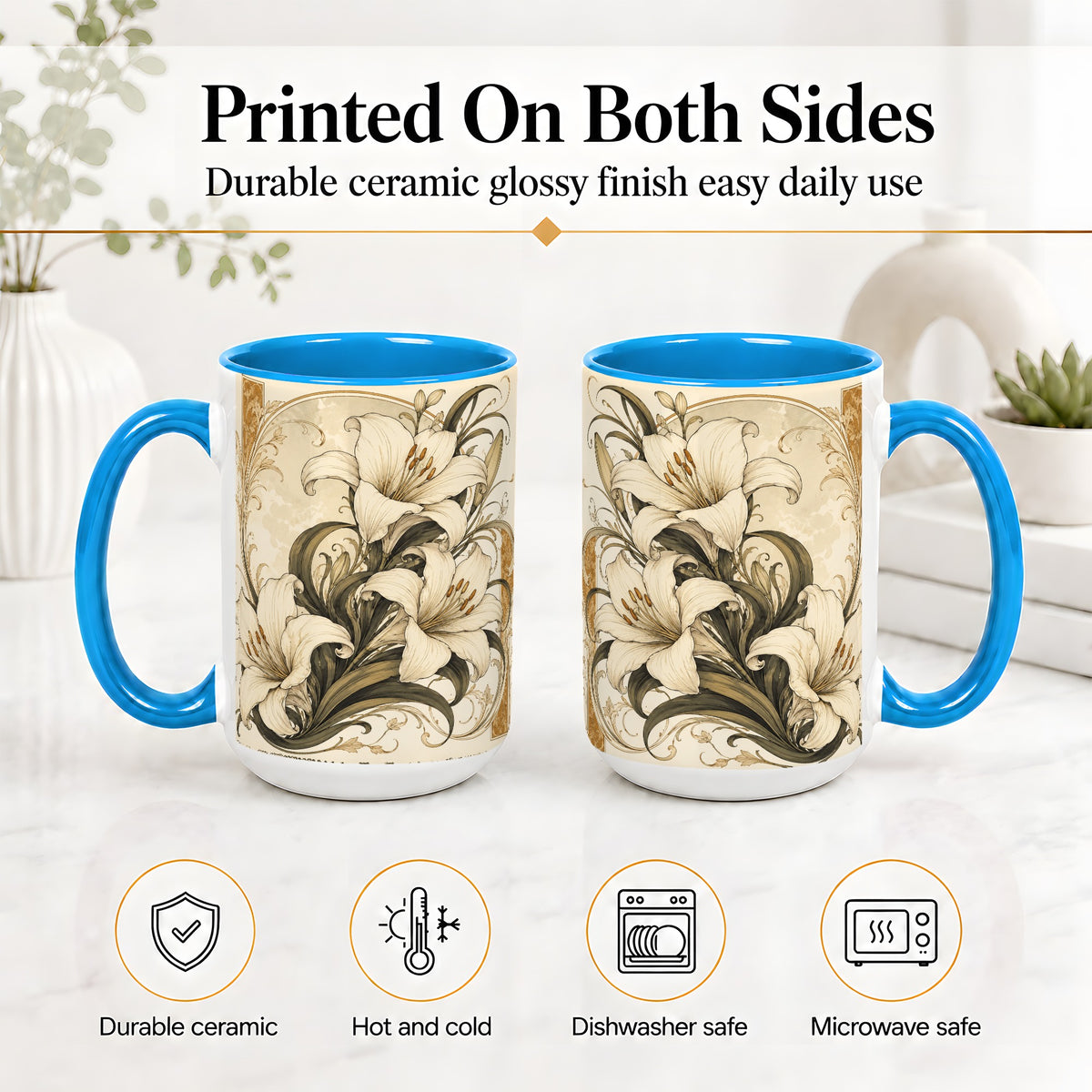 #pl[15oz|Blue] Vintage Lily Ceramic Mug, Art Nouveau Floral Design for Flower Fans