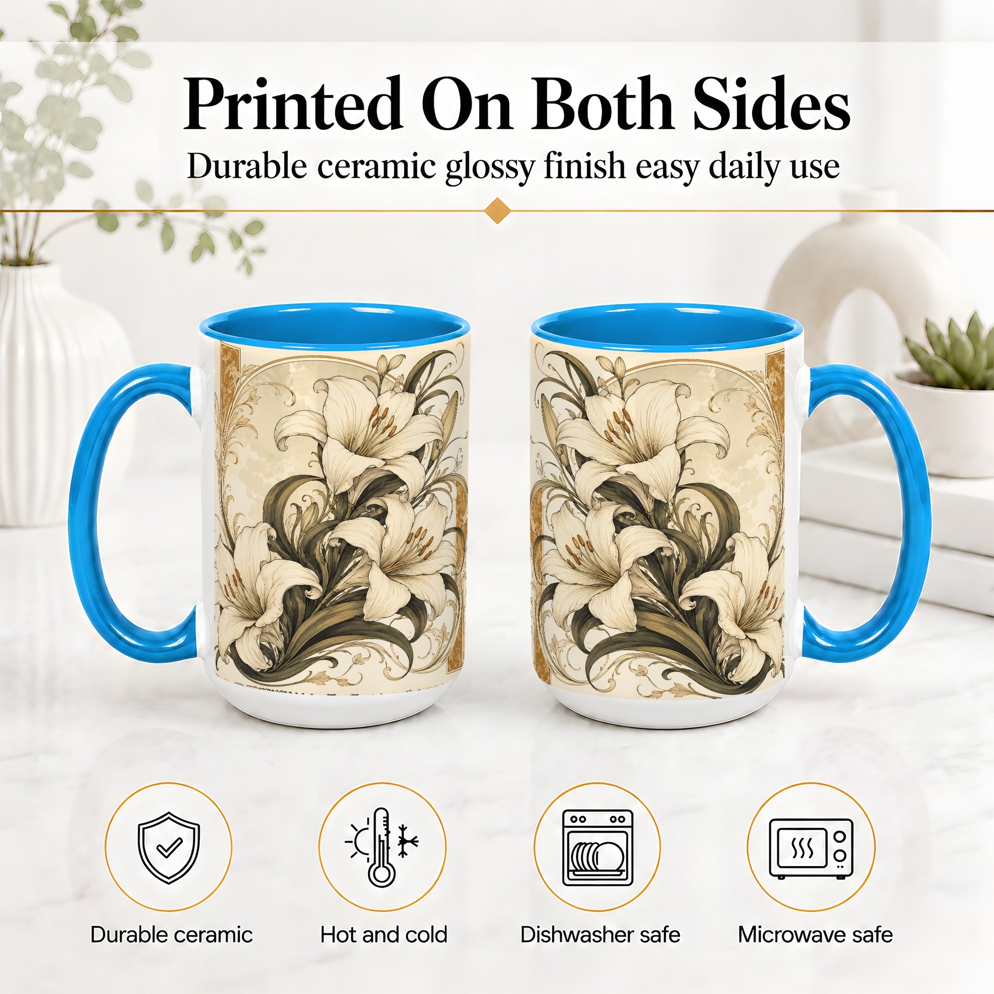 #pl[15oz|Blue] Vintage Lily Ceramic Mug, Art Nouveau Floral Design for Flower Fans