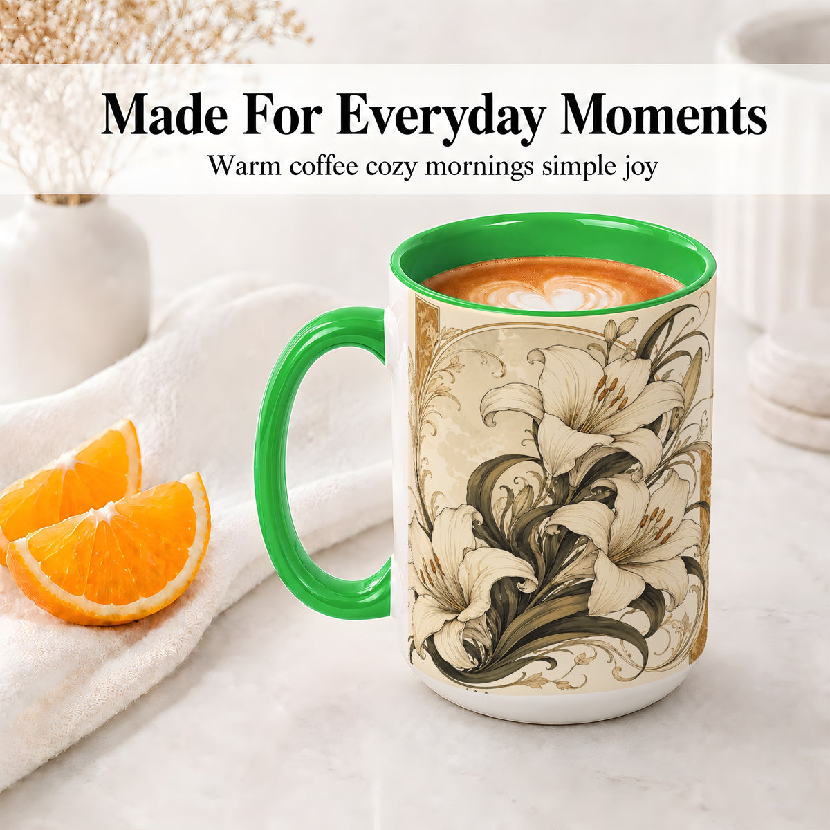 #pl[15oz|Green] Vintage Lily Ceramic Mug, Art Nouveau Floral Design for Flower Fans