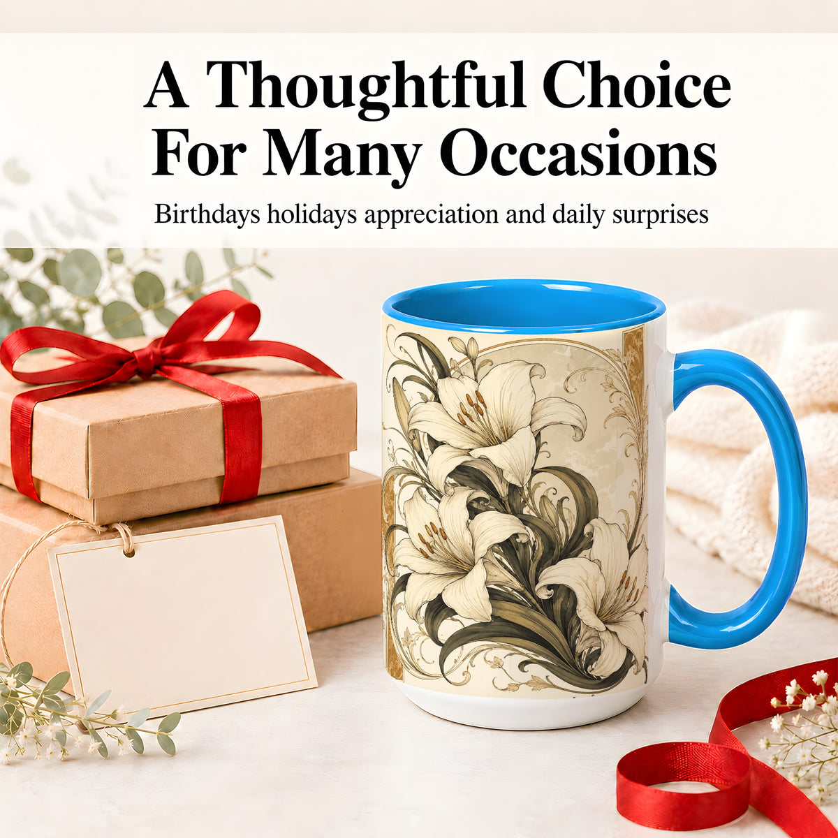 #pl[15oz|Blue] Vintage Lily Ceramic Mug, Art Nouveau Floral Design for Flower Fans