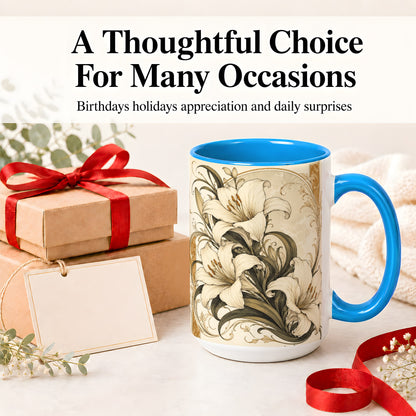 #pl[15oz|Blue] Vintage Lily Ceramic Mug, Art Nouveau Floral Design for Flower Fans