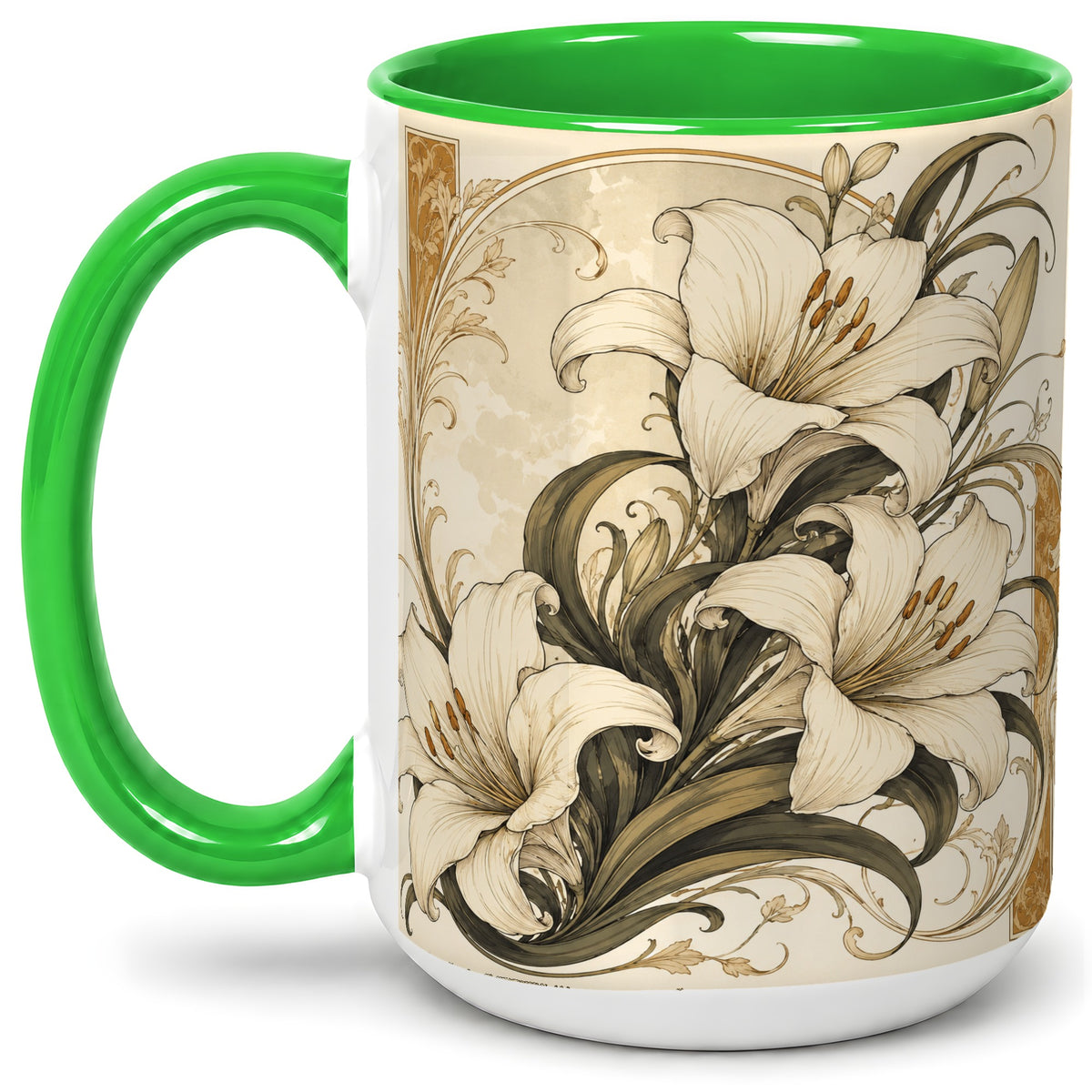 #pl[15oz|Green] Vintage Lily Ceramic Mug, Art Nouveau Floral Design for Flower Fans